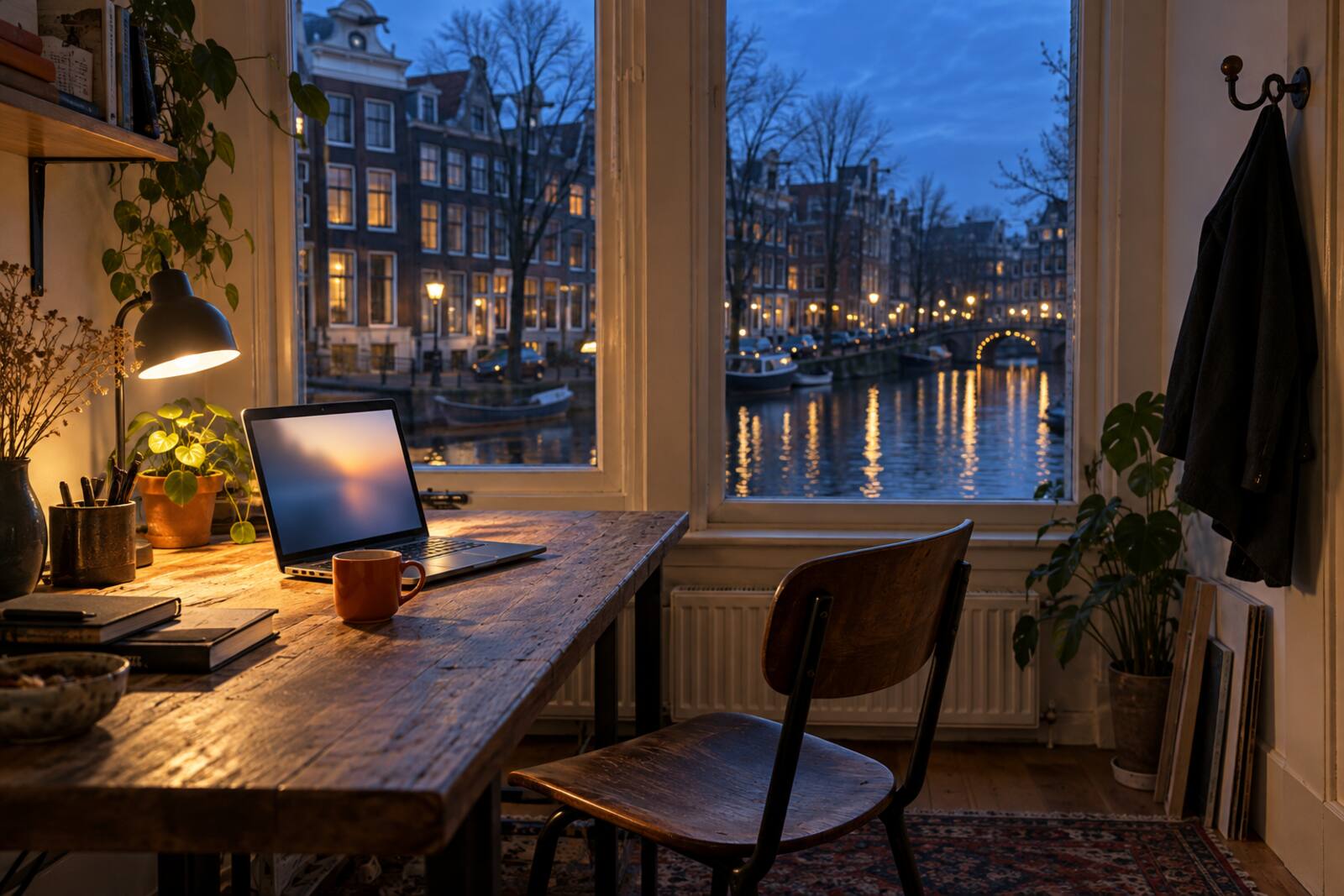 Lege werkplek bij een grachtenraam in de avond, de laptop staat nog open.
