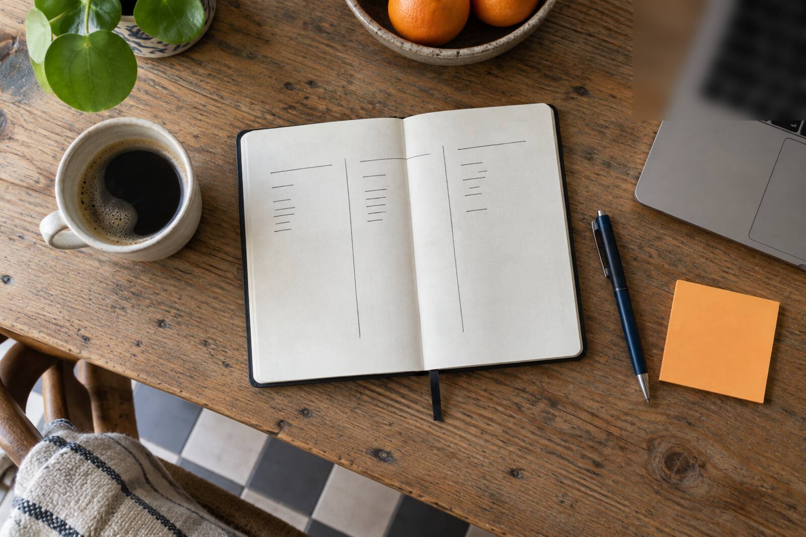 Opengeslagen notitieboek met drie getekende kolommen op een keukentafel, naast koffie, een pen en een oranje post-it.