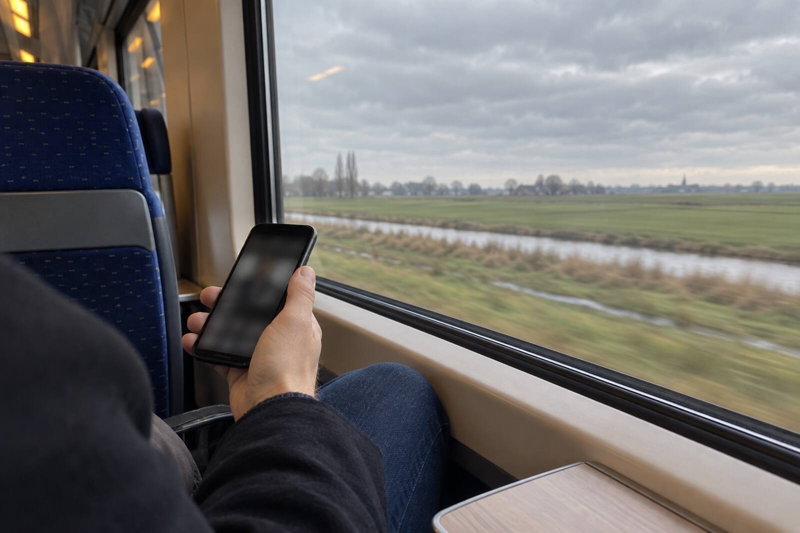 Hand met een smartphone in een Nederlandse trein, buiten een grijs polderlandschap.