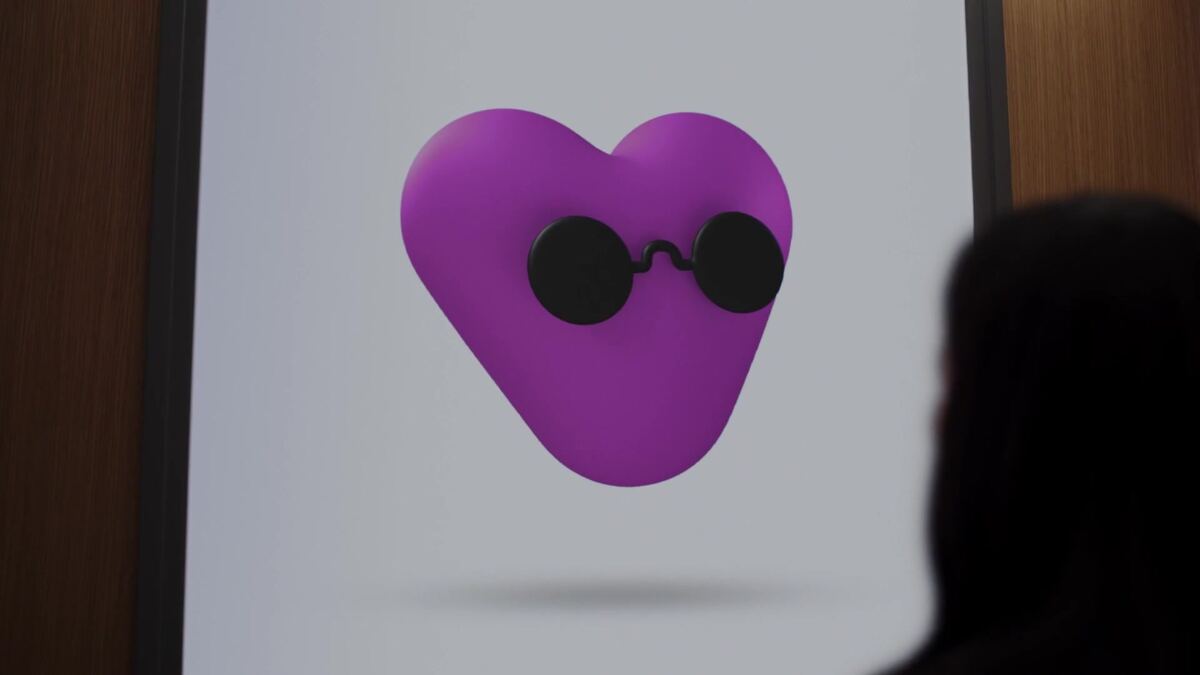 Paars dot-personage met zonnebril op een scherm uit de aankondigingsvideo van OpenAI